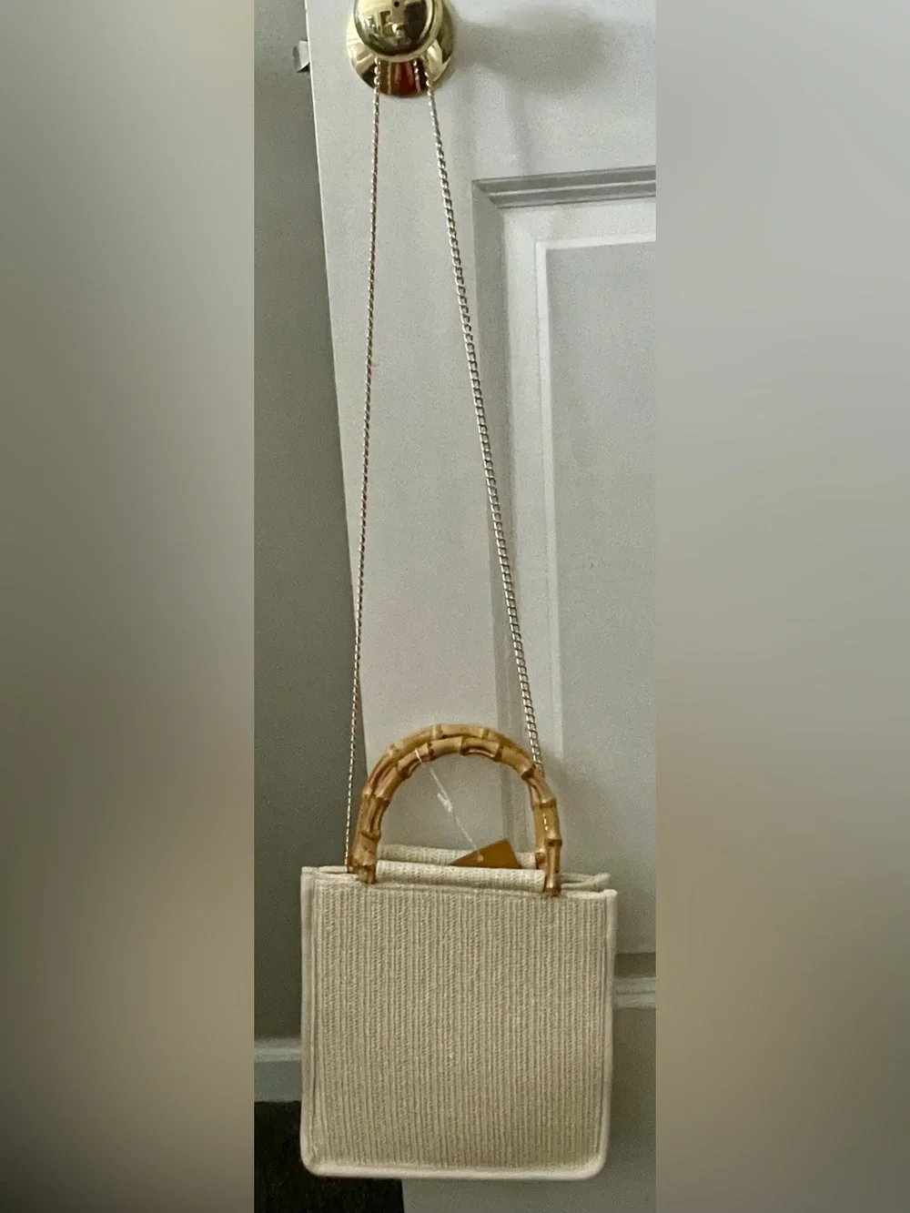 Tommy Bahama Cream Woven Raffia Tote with Bamboo Handles & Crossbody Chain